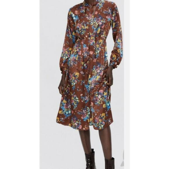 ZARA NEW WOMAN MIDI FLORAL PRINT DRESS‎ WITH BOW V-NECK - Picture 1 of 7
